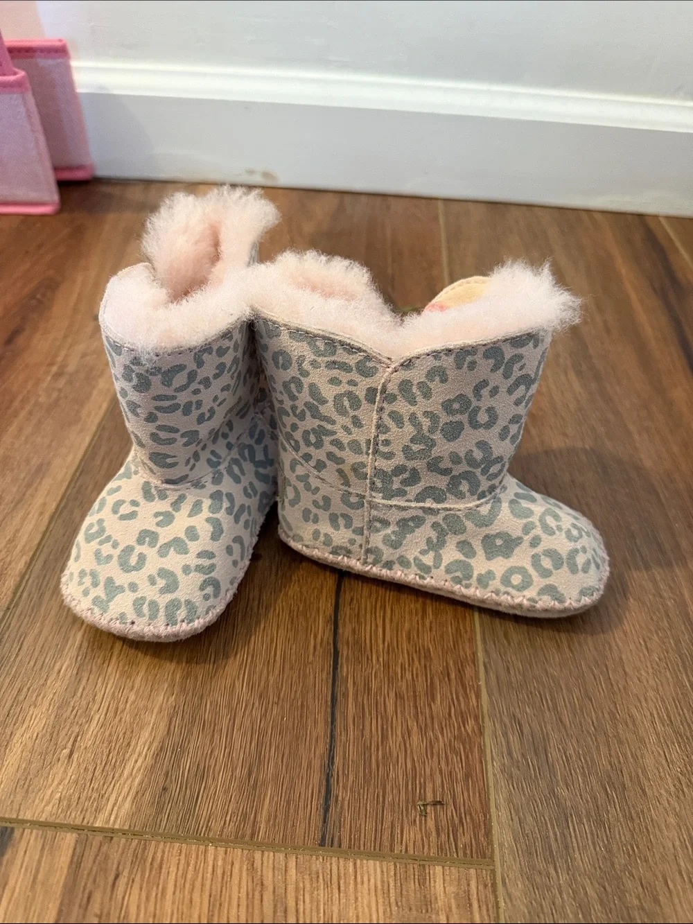 UGG Pink Leopard Baby Booties with Faux Fur Trim